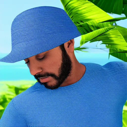 Prompt: man in a blue bucket hat playing a midi controller launchpad ableton live from a beautiful island in the tropics, photo realistic, 4 k render, cinema 4 d, maya, zbrush, portrait,