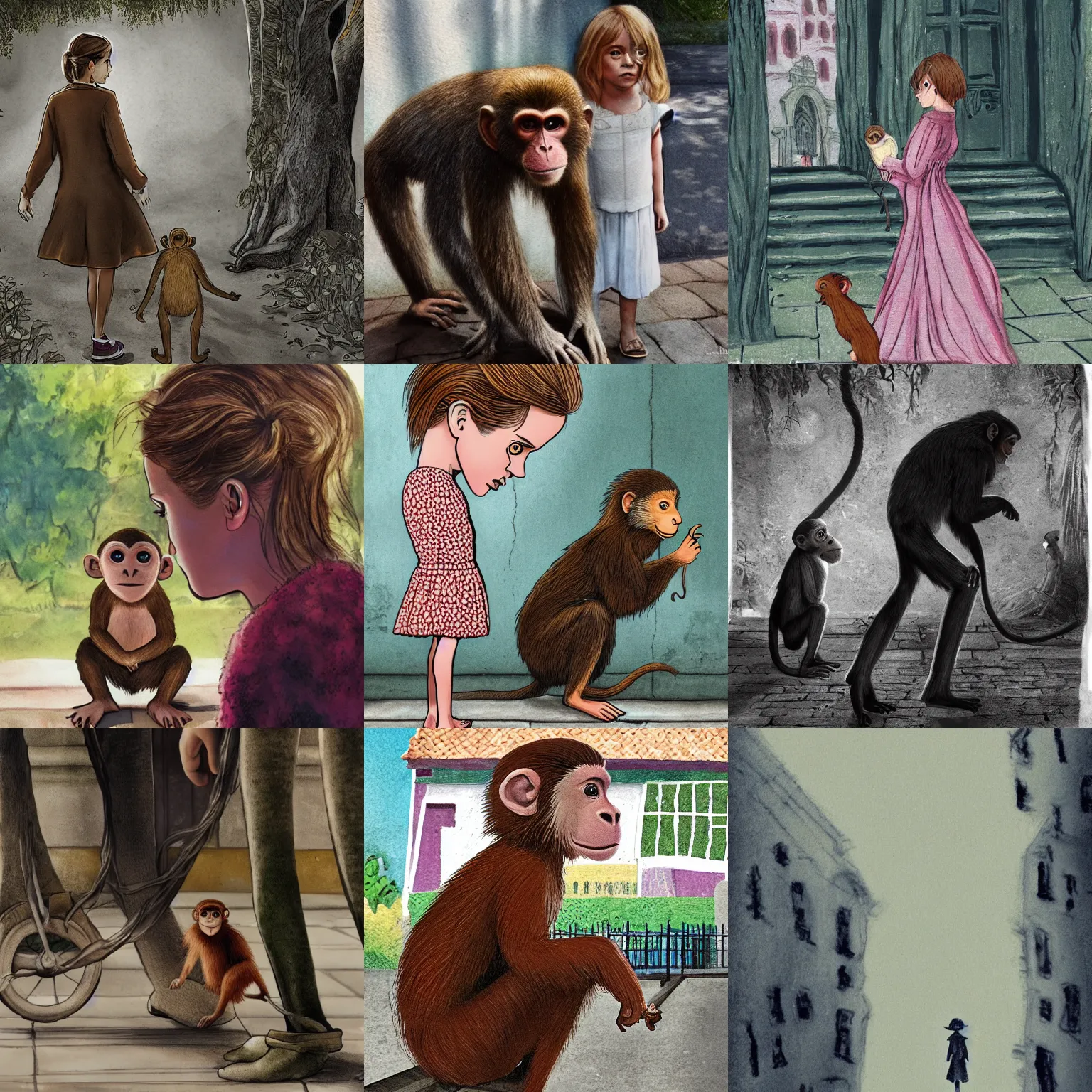 Prompt: emma watson standing next to a monkey on a sidewalk, a storybook illustration by maria van oosterwijk, tumblr contest winner, magical realism, repeating pattern, depth of field, shallow depth of field