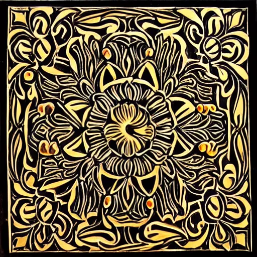 Image similar to Painted wood relief carving of Flowerpunk, explosion of flowers, intricately carved, fractal, tarot, black ink, holi