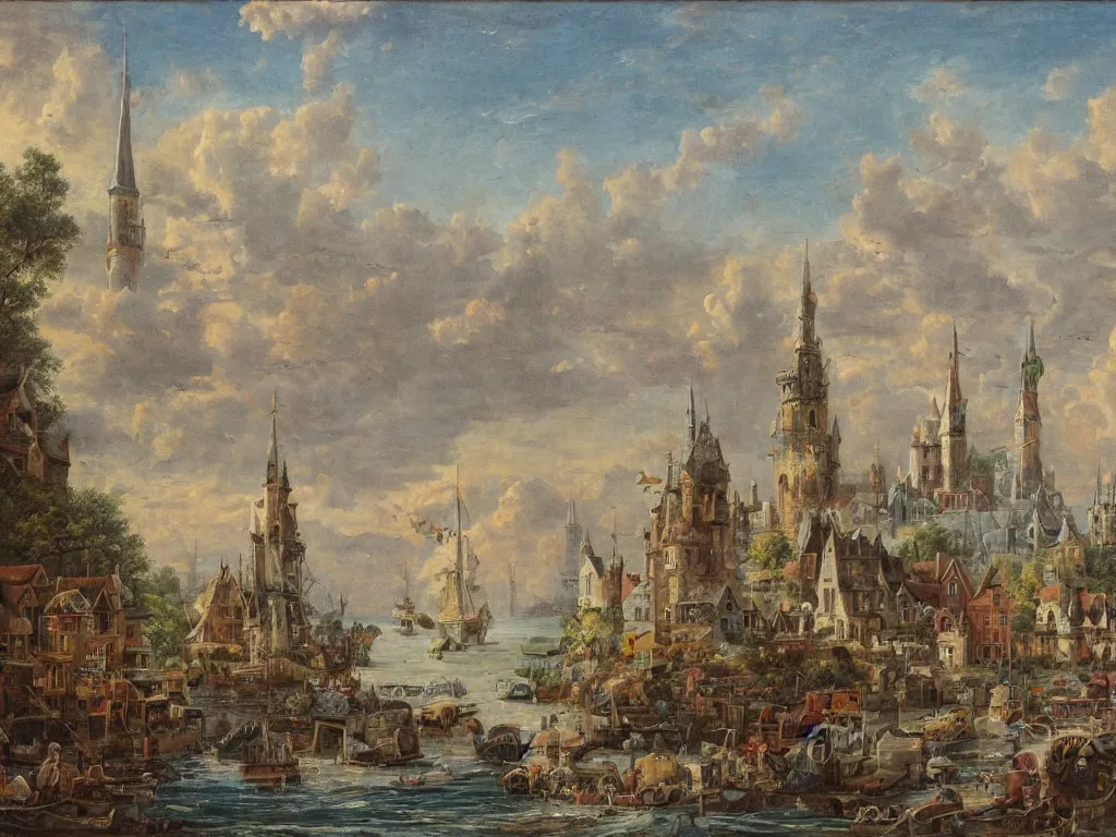 Image similar to a fantasy town, viewed from the harbor, by jean - baptist monge,