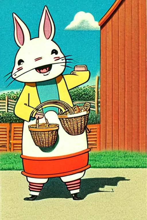 Image similar to by richard scarry. happy donkey. a 1 9 5 0 s retro illustration. studio ghibli. muted colors, detailed