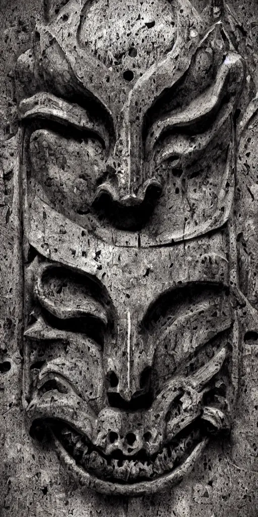 Image similar to extra wide view. an ominous dark ancient mask. barron. worn out photography. sepia. cracks. hyper - detailed. gothic steampunk. low poly medieval baroque. symmetric. epic. hyper - realistic. unreal render.