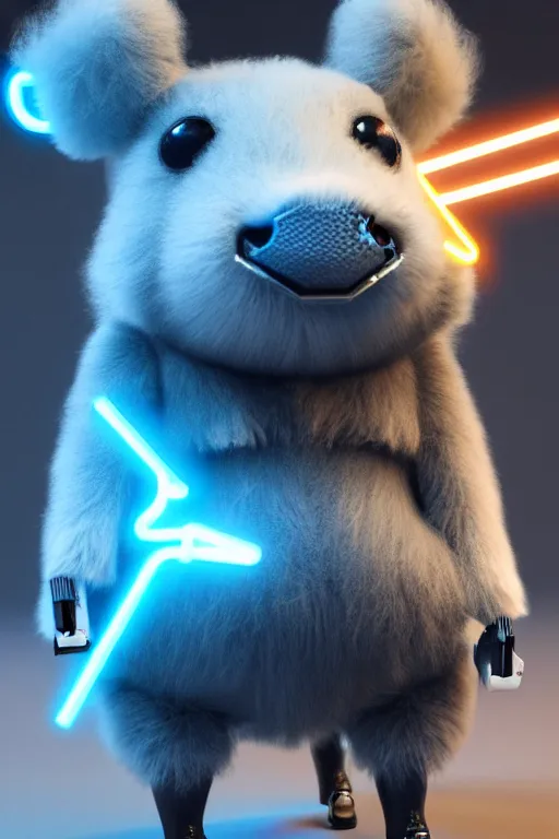 Image similar to high quality 3 d render sci - fi very cute cyborg cow & fluffy! wombat!! hybrid! drinking beer, highly detailed, unreal engine cinematic smooth, in the style of blade runner & detective pikachu, hannah yata charlie immer, dark blue neon light, low angle, uhd 8 k, sharp focus