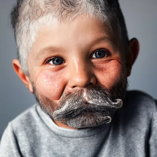Prompt: a 4 year old boy with old wrinkly skin, facial hair, natural beard, natural mustache, old skin, lots of wrinkles, age marks, old gray hair, very old, young kid, 4 years old, very young, portrait photo, head shot, hyperrealistic