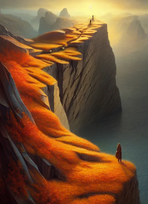 Image similar to autumn mornings in the low - poly cliffs of illusions, diffuse lighting, fantasy, intricate, surrealism!!!!, highly detailed, lifelike, photorealistic, digital painting, artstation, illustration, concept art, smooth, sharp focus, by greg rutkowski, chris tulloch mccabe, valentina remenar and asher duran,