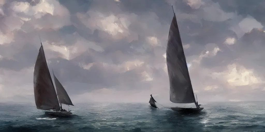 Image similar to sailboat with horizon and dark clouds, dramatic lighting, beautiful views, painterly concept art, joanna gaines, environmental concept art, farmhouse, magnolia, concept art illustration by ross tran, by james gurney, by craig mullins, by greg rutkowski trending on artstation