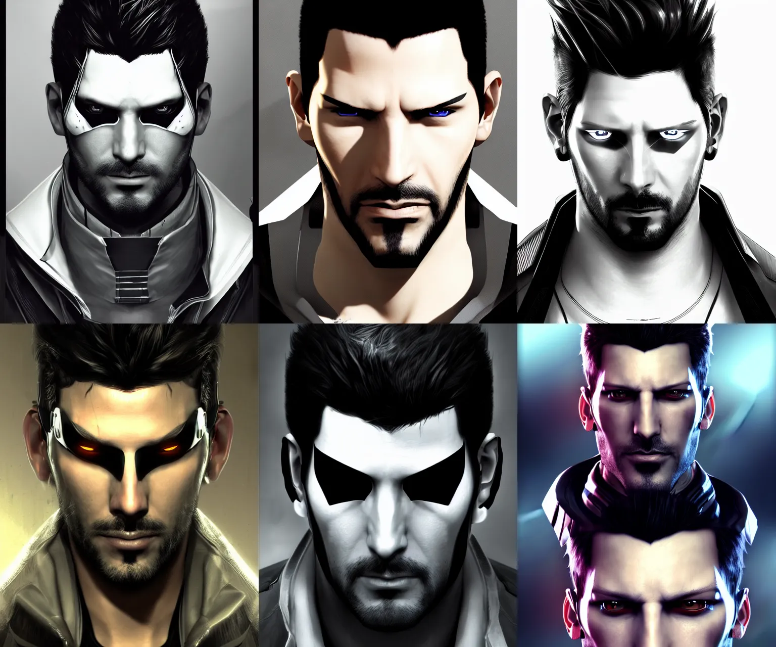 Prompt: portrait of adam jensen, deux ex, beautiful, cyberpunk, artstation trending, deviantart, highly detailed, focus, smooth, by hirohiko araki, yoshitaka amano