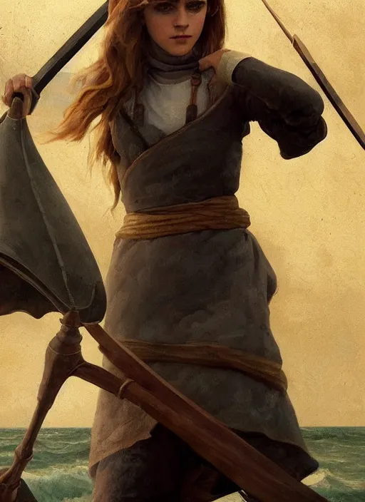 Prompt: hyper realistic photo of medieval beautiful sailor hunter emma watson with a harpoon in her hand, full body, rule of thirds, conceptart, saturated colors, cinematic, greg rutkowski, brom, james gurney, mignola, craig mullins, artstation, cgsociety