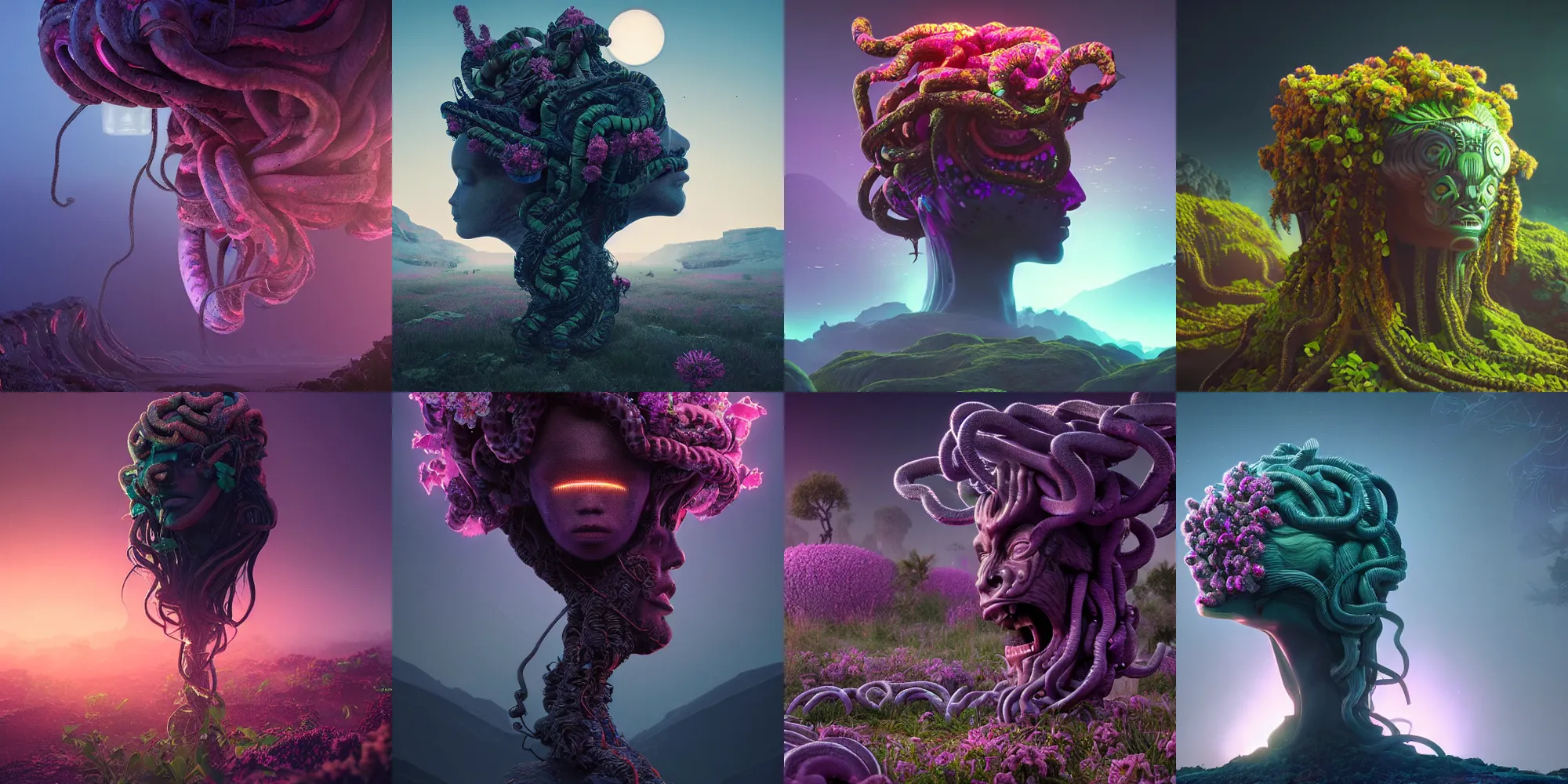 Prompt: beautiful dark landscape, medusa gorgon head, beautiful flowers growing, in the style of beeple and mike winkelmann, intricate, epic lighting, cinematic composition, hyper realistic, 8 k resolution, unreal engine 5, raytracing, ultraviolet colors,