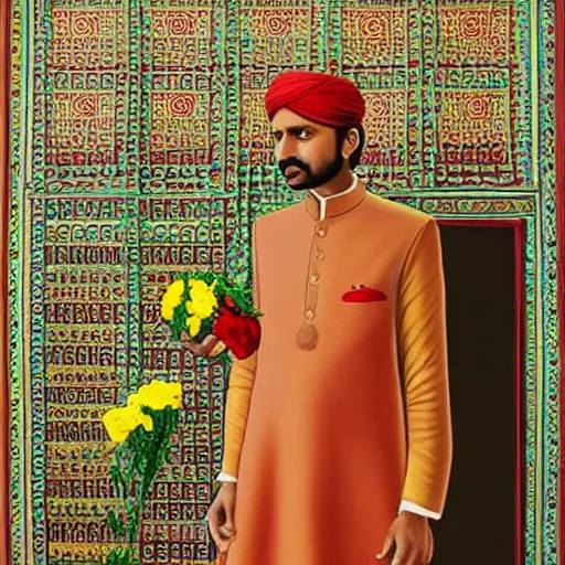 Image similar to indian guy holding flowers, looking nostalgic, in love, in a dapper kurta, very beautiful artwork by Wes Anderson