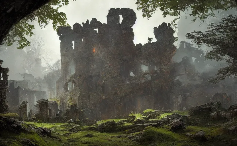 Prompt: painting of ruins of a medieval castle covered by vegetations and moss by greg rutkowski and Craig Mullins, Dark atmospheric sad and cinematic lighting, Trending on artstation