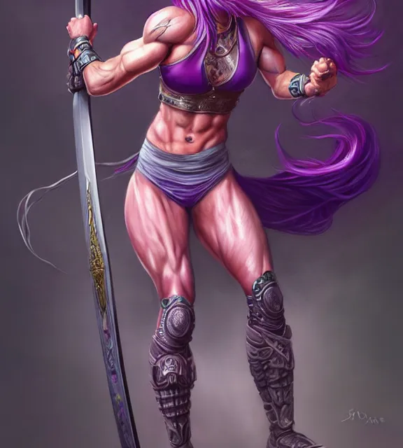 Prompt: muscular female warrior holding hilt of katana, perfect face, diadem, detailed neon tattoos, black halter top, purple hair, abs, cinematic, blush, stunning, athletic, strong, agile, highly detailed, psychedelic, digital painting, artstation, smooth, hard focus, illustration, art by jessica rossier and and brian froud