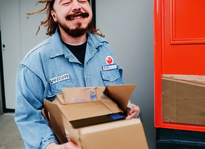 Image similar to dslr photo still of post malone as a postal worker mailman putting letters in mailbox and delivering packages to door, 8 k, 8 5 mm f 1 6