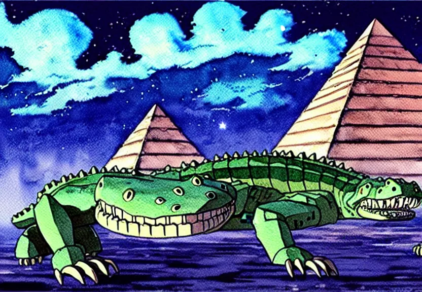 Image similar to a hyperrealist watercolor concept art from a studio ghibli film showing a giant mechanized crocodile from howl's moving castle ( 2 0 0 4 ). a pyramid is under construction in the background, in the rainforest on a misty and starry night. a ufo is in the sky. very dull muted colors. by studio ghibli