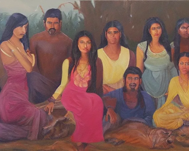 Prompt: beautiful oil painting of a brown man and his 7 wives in the afterlife.