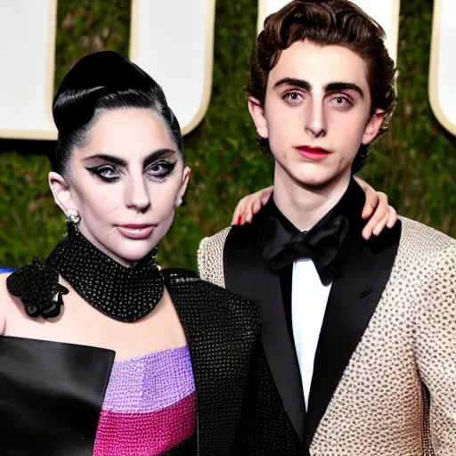 Image similar to timothee chalamet and lady gaga meet eachother