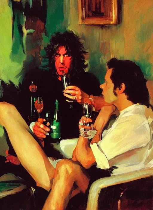 Image similar to glam rocker drinking brutal and raw wine with his friends, inside a green room with red lights by joaquin sorolla, phil hale