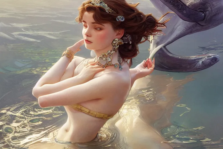 Prompt: painting of under the water, wearing beautiful clothes, hyper detailed cg rendering of a cute girl and whale, elegant, highly detailed, digital painting, artstation, concept art, smooth, sharp focus, illustration, art by artgerm and greg rutkowski and alphonse mucha, 8 k