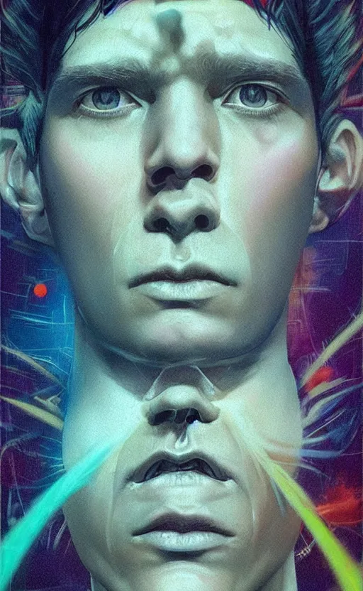 Image similar to upper half portrait of a man with spiral eyes droolingn inside of a distorted tv reality - in drew struzan movie poster style, art by drew struzan & hsiao - ron cheng, highly detailed, digital painting, ray tracing, illustration, smooth, sharp focus, intricate, symmetry, artstation,