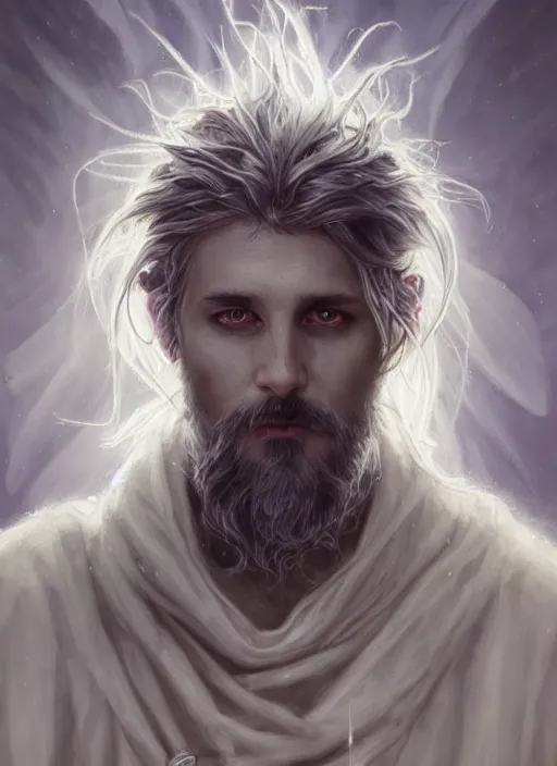 Prompt: Portrait of warlock angel, white glowing eyes, silver shaggy hair, short scruffy beard, cloak, ethereal wings, male, fantasy, extremely detailed, digital painting, artstation, concept art, smooth, sharp focus, illustration, stunning lighting, art by artgerm and greg rutkowski and alphonse mucha and simon stalenhag, realistic character concept, high fantasy, light atmosphere, golden ratio, cinematic lighting, hyperdetailed, high resolution, insanely detailed and intricate, artstation, Marc Simonetti, Greg Rutkowski, 8k