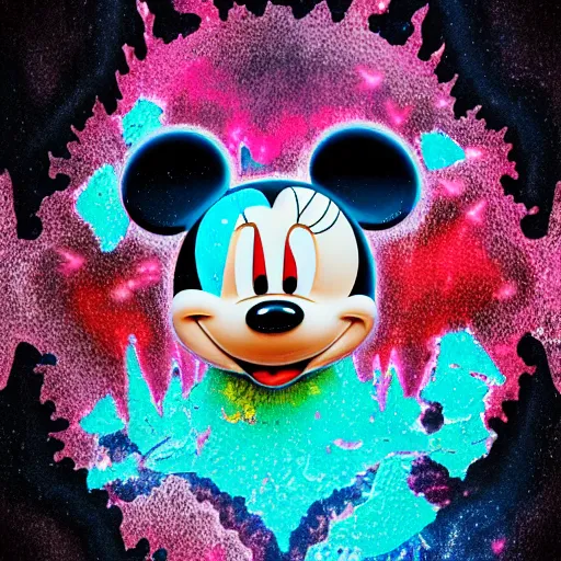 Image similar to counterfeit mickey mouse, fractal, broken, wet, melting, lisa frank, fractured, mycelium, cubensis, radiant alien, rococo, baroque, automotive, bio-mechanical, porcelain, iridescent, sub surface scattering, unreal engine, octane render