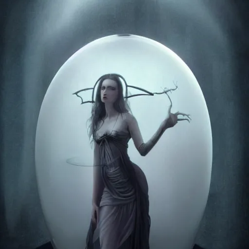 Prompt: By Tom Bagshaw, ultra realist soft painting render of a beautiful face horned single porcelain female in long curvy gothic dress looking inside an octane render of a floating transparent glass sphere with a lord of the dead skull portrait, reflection and refraction, symmetry accurate features, very intricate details, deep fog, dark fantasy background, artstation