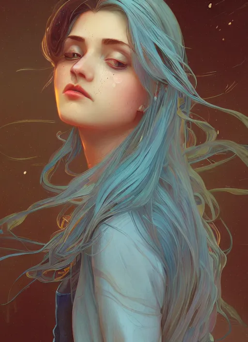 Image similar to handsome young women with shoulder length light blue hair, half body shot, path traced, highly detailed, high quality, digital painting, alena aenami, lilia alvarado, shinji aramaki, karol bak, alphonse mucha, tom bagshaw