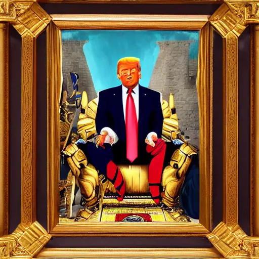 Image similar to oil painting of trump in midevil armor in castle on throne