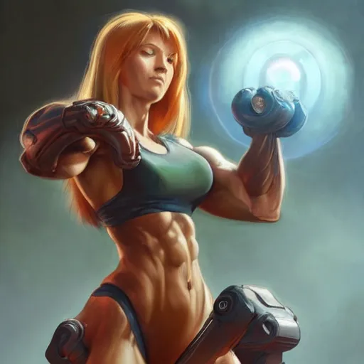 Image similar to samus aran showing her big muscular biceps, highly detailed, digital painting, artstation, concept art, matte, sharp focus, illustration, art by artgerm and greg rutkowski and alphonse mucha