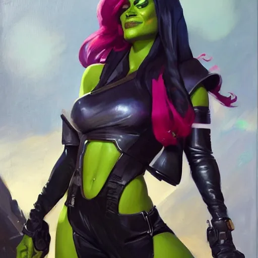 Prompt: greg manchess portrait painting of gamora as overwatch character, medium shot, asymmetrical, profile picture, organic painting, sunny day, matte painting, bold shapes, hard edges, street art, trending on artstation, by huang guangjian and gil elvgren and sachin teng