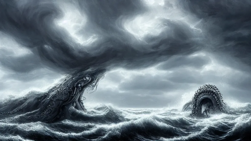 Prompt: giant massive kraken rising out a stormy ocean, near a small boat, stormy weather, handsome, profile, intricate, detailed, volumetric lighting, scenery, digital painting, highly detailed, artstation, sharp focus, illustration, concept art, ruan jia, steve mccurry