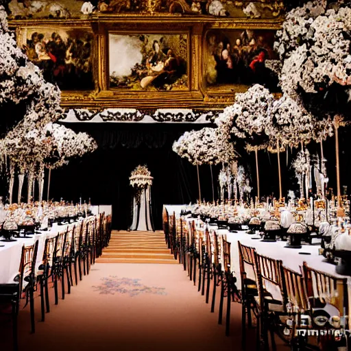 Image similar to A wide full shot, colored black and white Russian and Japanese mix historical fantasy a photograph taken of inside the royal wedding floral covered venue inspired by fairytales, photographic portrait, warm lighting, 1907 photo from the official wedding photographer for the royal wedding.