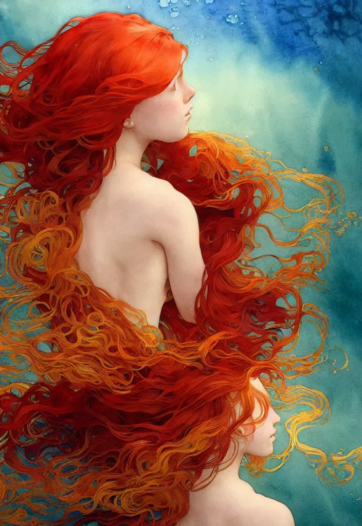 Prompt: beautiful watercolor painting of a red hair young queen under water, surrounded by long golden fish, intricate, elegant, highly detailed, digital painting, artstation, concept art, smooth, sharp focus, art by krenz cushart and artem demura and alphonse mucha, dynamic lighting, full body shot, ultrarealistic, cinematic, octane render, 8 k