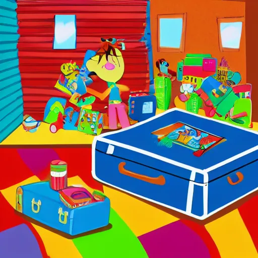 Image similar to a painted cartoonish scene, an open suitcase sits on a table, the open suitcase contains a vast pile of toys, the pile of toys rises all the way to the ceiling, the pile of toys blocks the background, a woman stands next to the table and suitcase, the woman holds more toys