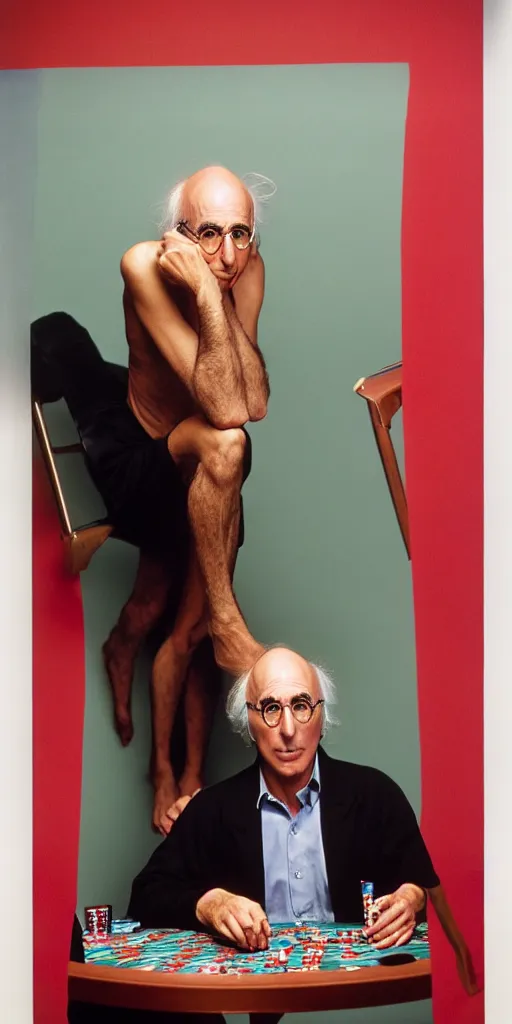 Image similar to award winning photo of larry david playing poker wearing thong, vivid colors, happy, symmetrical face, beautiful eyes, studio lighting, wide shot art by Sally Mann & Arnold Newman