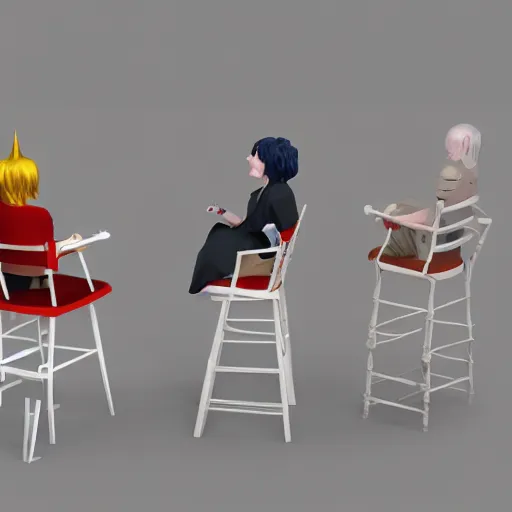 Image similar to postmodern era, social media age, a person sits in a high chair staring delectably, a human moderator chewing on the arbitrary egregore of their community group, art depicting control freak, trending, rendered in eevee, blender 3 d