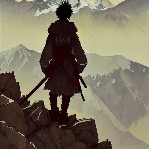 Image similar to painting of a lonesome warrior at the peak of himalayas, style of kentaro miura and conrad roset