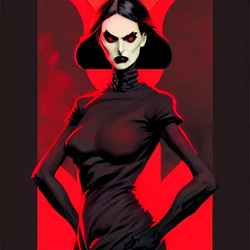 Image similar to rafael albuquerque comic art, peter mohrbacher, phil noto, artgerm, pretty evil elizabeth olson demon, black and red dress, symmetrical eyes