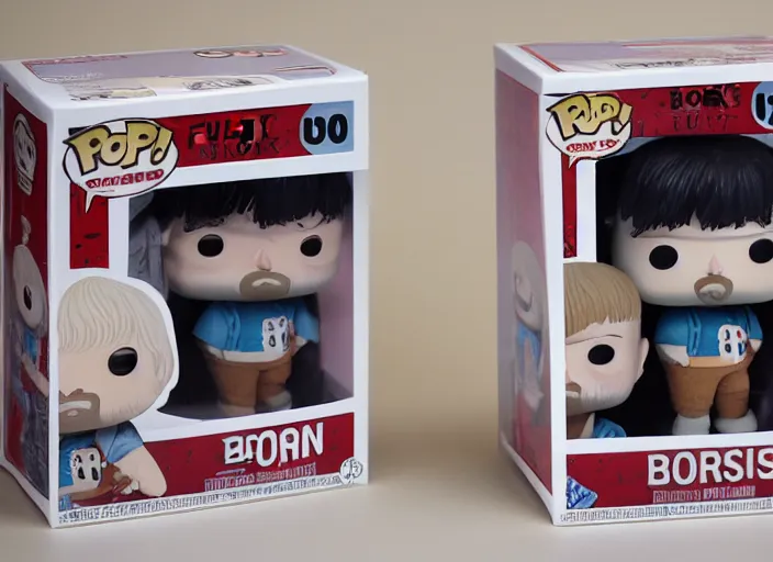 Image similar to product still of Boris Johnson funko pop with box, 85mm f1.8