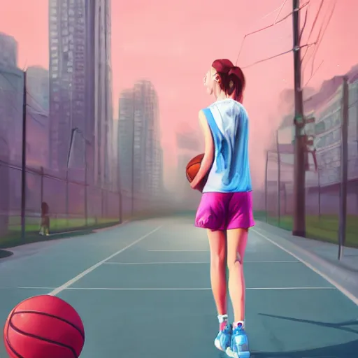 Prompt: tall woman wearing a blue jacket and pink shorts playing basketball, complete detailed body, city in background, moody atmosphere, digital art, highly detailed, high contrast, beautiful lighting, award winning, trending on art station, photorealistic, 8 k,