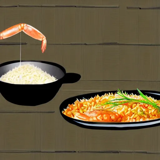 Image similar to A shrimp chef cooking rice in a pan, digital art