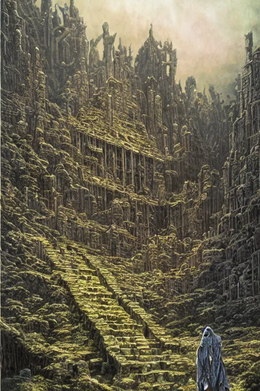 Image similar to Artwork by Ted Nasmith of the cinematic view of the Inescapable Stronghold of Forgotten Pain.