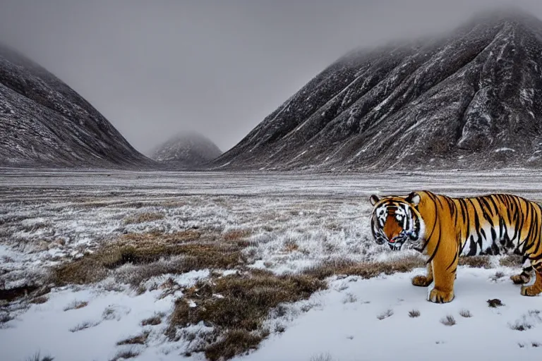 Prompt: arctic landscape wide angle, mountains fully covered in snow in the background, a tiger looking at the mountains, wide angle, 1 8 mm, depth of field, foggy, moody, atmospheric, by alexander calder