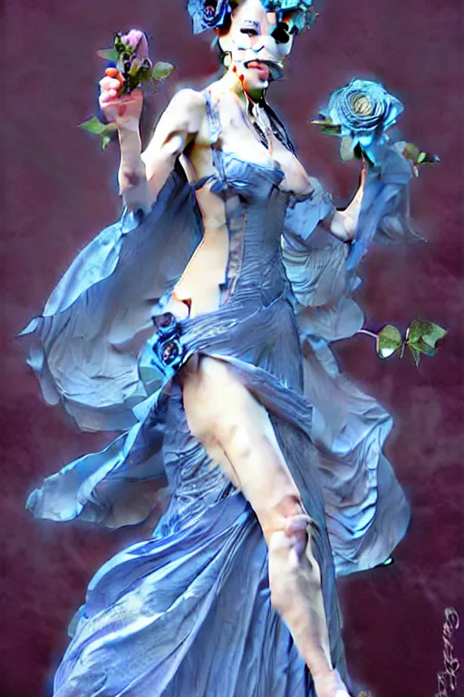 Image similar to woman dressed in a vaporous wrapped large victorian blue roses silk semi-transparent dress fashion is running D&D, fantasy, intricate, elegant, highly detailed, digital painting, artstation, concept art, matte, sharp focus, illustration, art by Artgerm and Greg Rutkowski and Alphonse Mucha