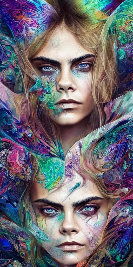 Prompt: an absolutely gorgeous portrait of Cara Delevigne by Android Jones, wings, fractals, Gorgeous colors, face symmetry, insane detail, gorgeous colors, strong composition, awe inspiring lighting, psychedelic, volumetric light, symmetry, subsurface scattering