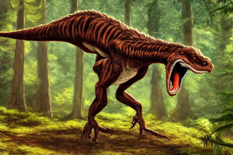 Image similar to highly detailed photograph of a oil velociraptor!!!!! in the forest, featured on pixiv