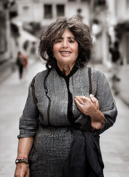 Image similar to portrait of beautiful Spanish 50-year-old well-groomed plump woman model, with lovely look, happy, candid street portrait in the style of Martin Schoeller award winning, Sony a7R