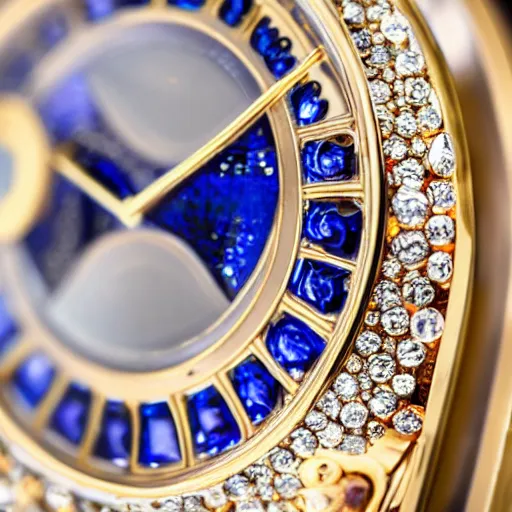 Prompt: close up of a sapphire and gold wrist watch, intricate, complex, high detail