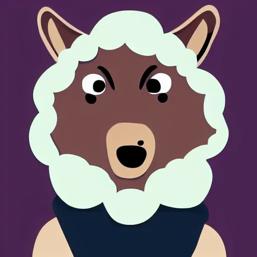 Prompt: a wolf wearing the wool of a sheep, smiling slyly. a frame from a children's cartoon, vector graphics, funny, 4 k detailed
