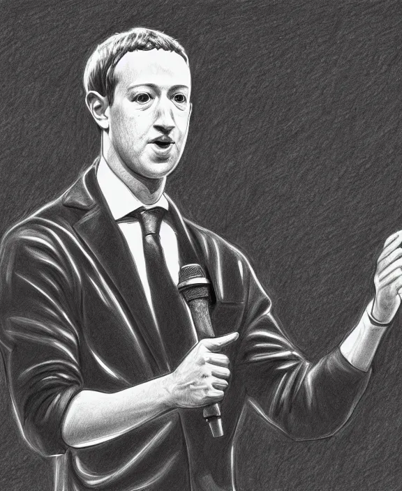 Image similar to a detailed pencil drawing of mark zuckerberg holding a presidential rally
